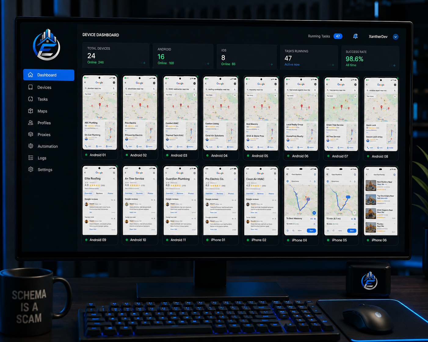 Equisharer device dashboard showing 24 connected devices monitoring Google Maps and review listings across Android and iOS
